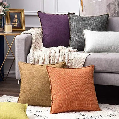 Set of 2 Decorative Farmhouse Modern Throw Pillow Covers | Trimmed Cord Linen Burlap Cushion Cases, 18"x18" - Grayish White MIULEE