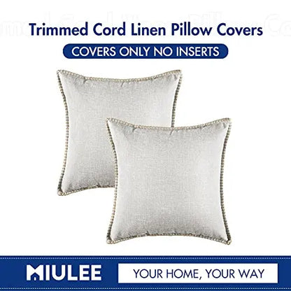 Set of 2 Decorative Farmhouse Modern Throw Pillow Covers | Trimmed Cord Linen Burlap Cushion Cases, 18"x18" - Grayish White MIULEE