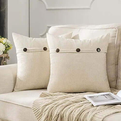 Set of 2 Decorative Linen Modern Throw Pillow Covers | Triple Button Vintage Farmhouse Pillowcase, 20"x20" - Cream White MIULEE