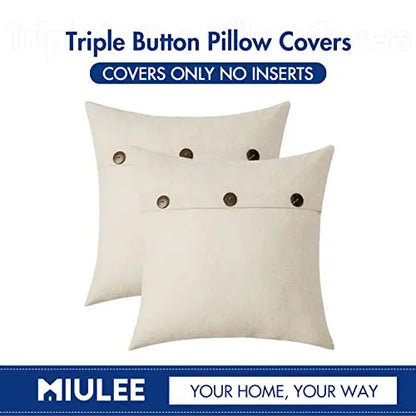Set of 2 Decorative Linen Modern Throw Pillow Covers | Triple Button Vintage Farmhouse Pillowcase, 20"x20" - Cream White MIULEE