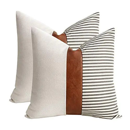 Set of 2 Farmhouse Decor Stripe Patchwork Linen Modern Throw Pillow Covers, 18"x18" - Gray, Tan, Brown Faux Leather cygnus