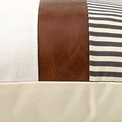 Set of 2 Farmhouse Decor Stripe Patchwork Linen Modern Throw Pillow Covers, 18"x18" - Gray, Tan, Brown Faux Leather cygnus