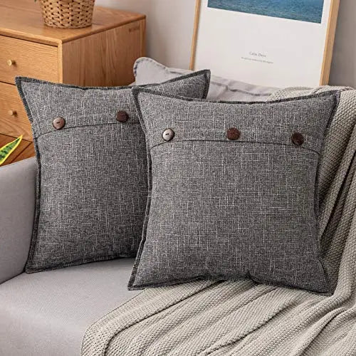 Set of 2 Farmhouse Throw Pillow Covers | Linen Buttoned Decor Pillow Cover, 18"x18" - Dark Grey MIULEE