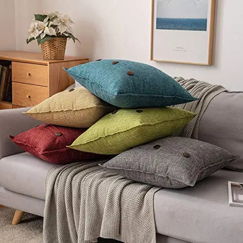 Set of 2 Farmhouse Throw Pillow Covers | Linen Buttoned Decor Pillow Cover, 18"x18" - Dark Grey MIULEE