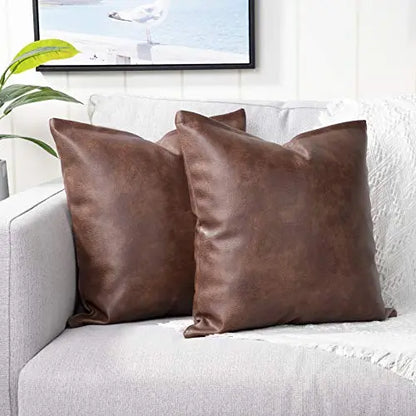 Set of 2 Faux Leather Modern Decorative Throw Pillow Covers, 18"x18" - Dark Brown YAERTUN