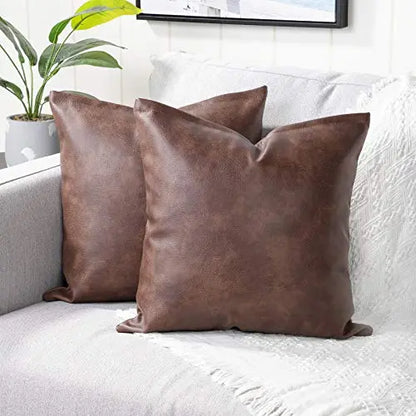Set of 2 Faux Leather Modern Decorative Throw Pillow Covers, 18"x18" - Dark Brown YAERTUN