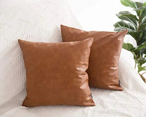 Set of 2 Faux Leather Solid Modern Throw Pillow Covers, 18"x18" - Cognac Brown HOMFINER