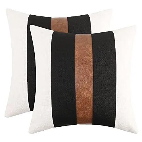 Set of 2 Faux Leather and Linen Modern Farmhouse Throw Pillow Covers, 18"x18" - Black and White JASEN