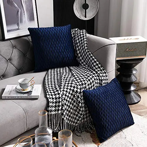 Set of 2 Navy Striped Velvet Modern Throw Pillow Covers, 18"x18" - Navy DEZENE