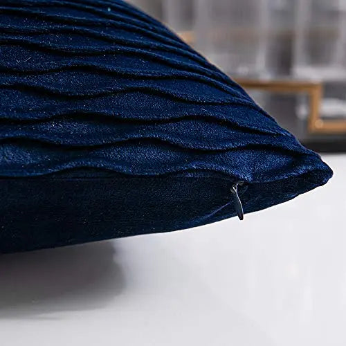 Set of 2 Navy Striped Velvet Modern Throw Pillow Covers, 18"x18" - Navy DEZENE