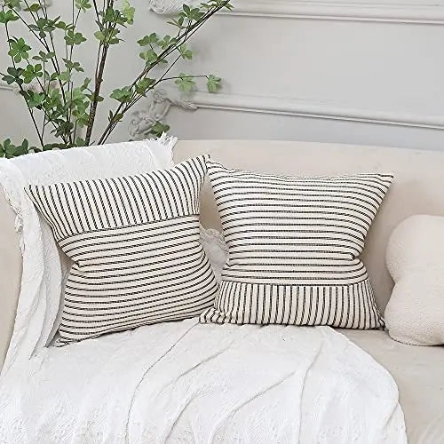 Set of 2 Patchwork Farmhouse Modern Throw Pillow Covers | Striped Linen Decorative Pillow Case, 18"x18" - Black and Beige Hckot