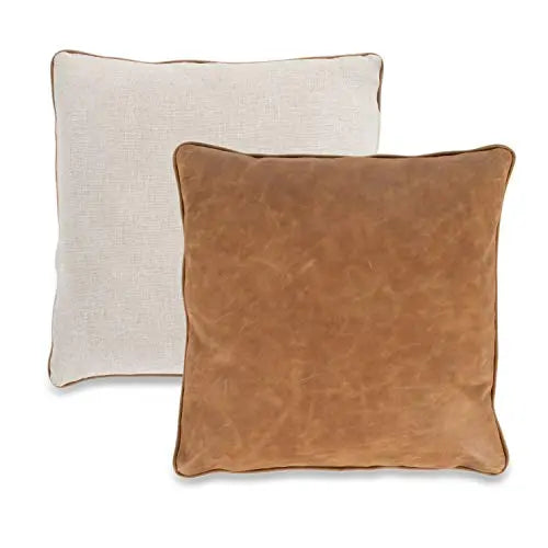 Set of 2 Poly and Bark Dobla Italian Leather Throw Pillow, 22"x22" - Cognac Tan/Linen White POLY & BARK