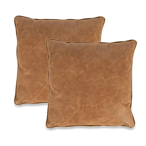 Set of 2 Poly and Bark Dobla Italian Leather Throw Pillow, 22"x22" - Cognac Tan/Linen White POLY & BARK