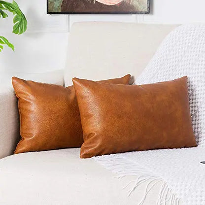 Set of 2 Premium Faux Modern Leather Throw Pillow Covers, 12"x20" - Brown PANOD