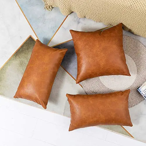 Set of 2 Premium Faux Modern Leather Throw Pillow Covers, 12"x20" - Brown PANOD