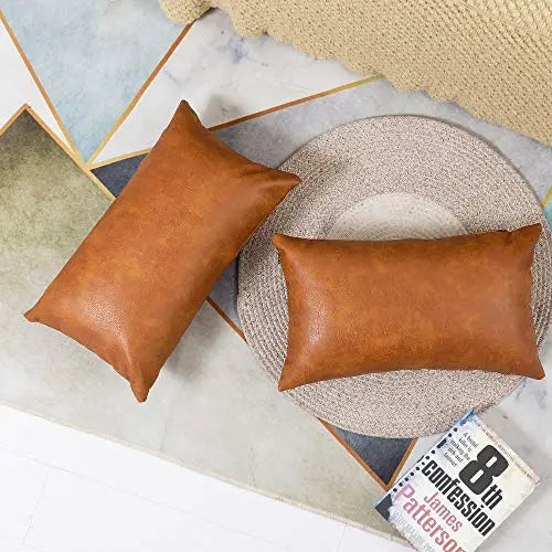 Set of 2 Premium Faux Modern Leather Throw Pillow Covers, 12"x20" - Brown PANOD