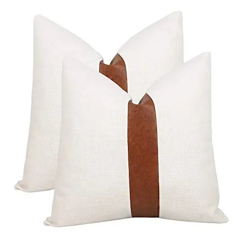 Set of 2 White Linen Patchwork Faux Leather Modern Throw Pillow Covers, 18"x18" - Brown and White cygnus
