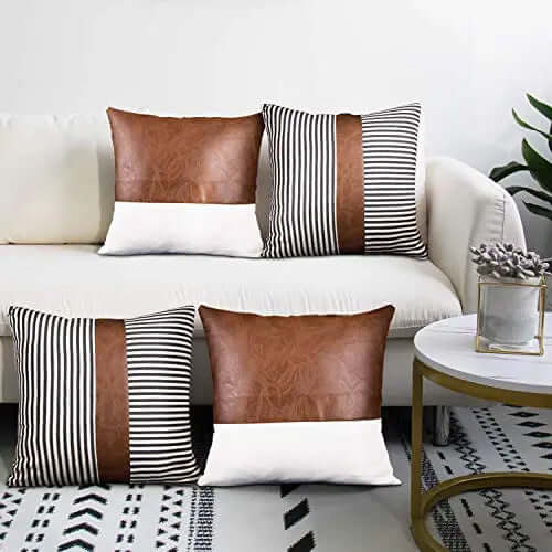 Set of 4 Decorative Modern Farmhouse Throw Pillow Covers | Linen, Faux Leather and Black Stripe Pattern Cushion Covers, 18"x18" cygnus