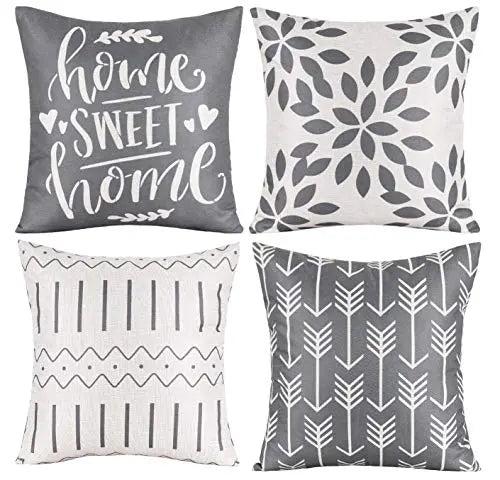 Set of 4 Home Decorative Modern Throw Pillow Covers | Cotton Linen Cushion Case, 18"x18" - Grey Fazooy