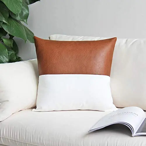 Set of 4 Modern Faux Leather Modern Throw Pillow Covers, 18"x18" - Cream, Brown, Black JOJUSIS