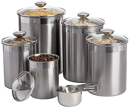 SilverOnyx Food Storage Canisters Set, 10-Piece Stainless Steel Airtight Canisters w/Glass Lids & Measuring Cups - Silver SILVERONYX