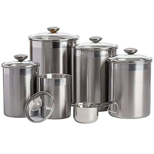 SilverOnyx Food Storage Canisters Set, 10-Piece Stainless Steel Airtight Canisters w/Glass Lids & Measuring Cups - Silver SILVERONYX