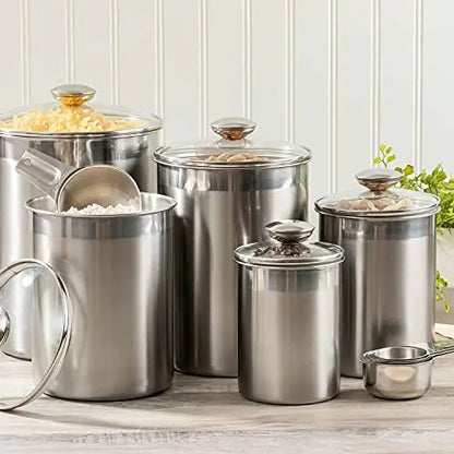 SilverOnyx Food Storage Canisters Set, 10-Piece Stainless Steel Airtight Canisters w/Glass Lids & Measuring Cups - Silver SILVERONYX