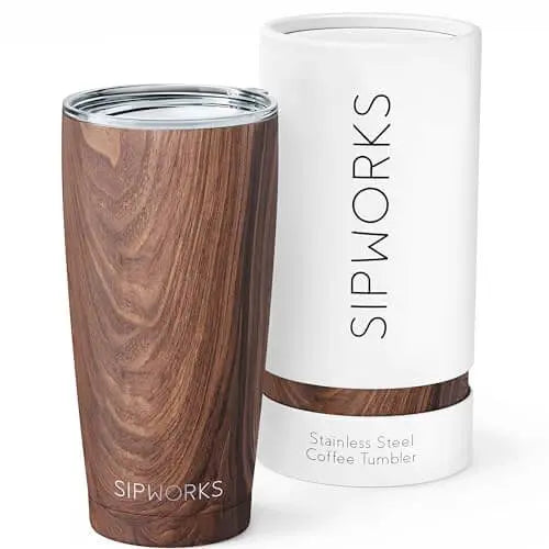 Sipworks Coffee Tumbler with Lid, 20z, Stainless Steel - Mahogany 