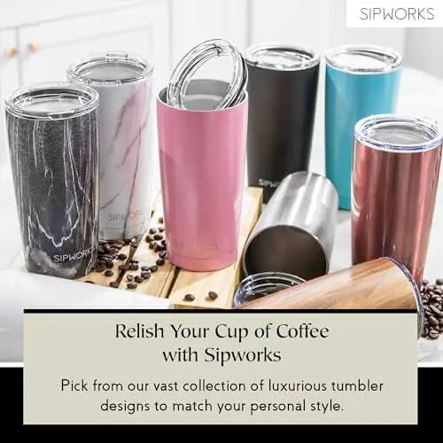 Sipworks Coffee Tumbler with Lid, 20z, Stainless Steel - Mahogany 