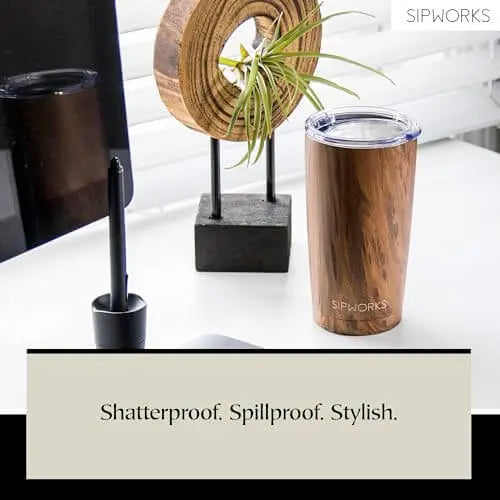 Sipworks Coffee Tumbler with Lid, 20z, Stainless Steel - Mahogany 