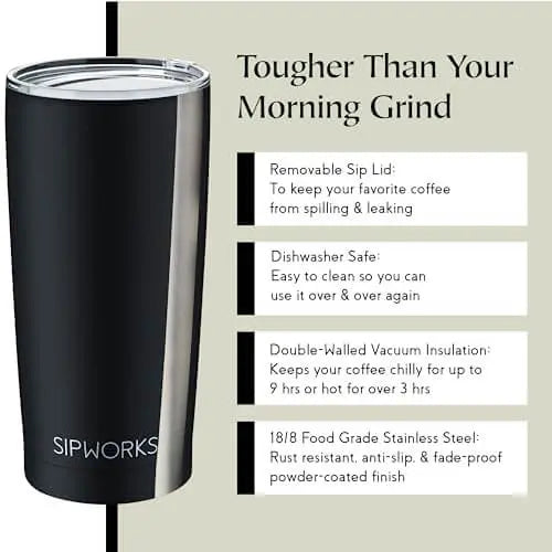 Sipworks Coffee Tumbler with Lid, 20z, Stainless Steel - Mahogany 