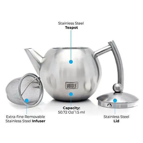 Stainless Steel Teapot With Infuser, 1.5 Liter, 50 oz - Silver Venoly