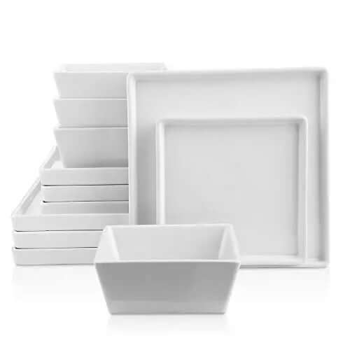 Stone Lain Grace Square Dinnerware Stoneware 12 Piece Set, Serves 4 - White Stone Lain