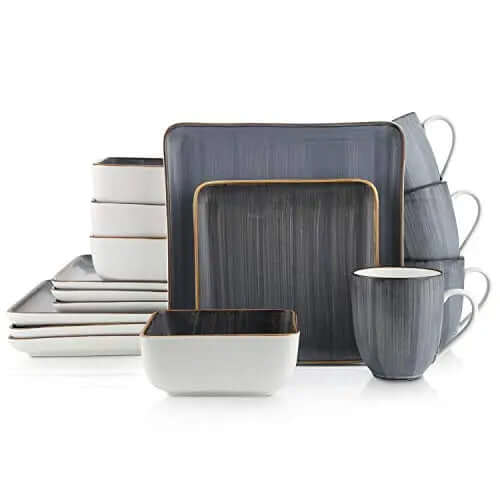 Stone Lain Porcelain 16 Piece Dinnerware Set - Square Gray Brushed Design Stone Lain