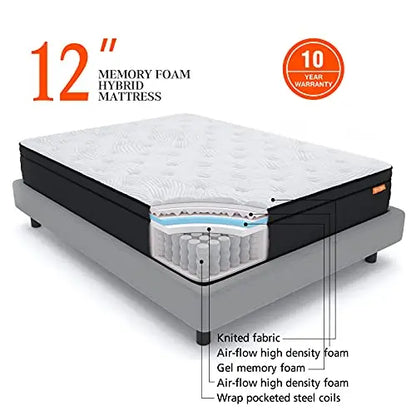 Sweetnight Cool Gel Memory Foam Mattress in a Box | 12" Plush Pillow Top Hybrid Mattress - Grey Sweetnight