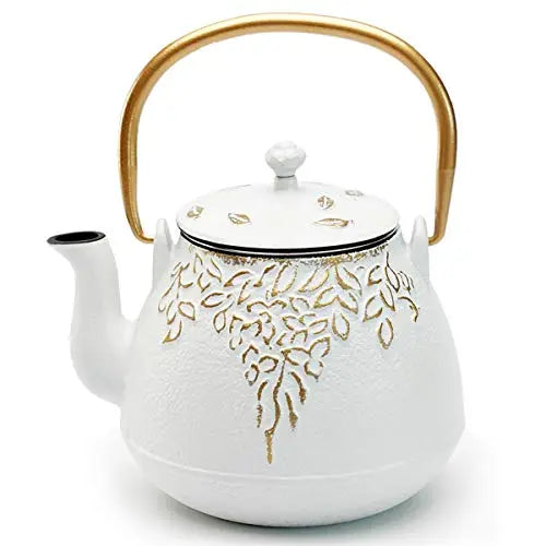 TOPTIER Japanese Cast Iron Tea Kettle with Infuser, Coated with Enameled Interior, 32 Oz - White toptier