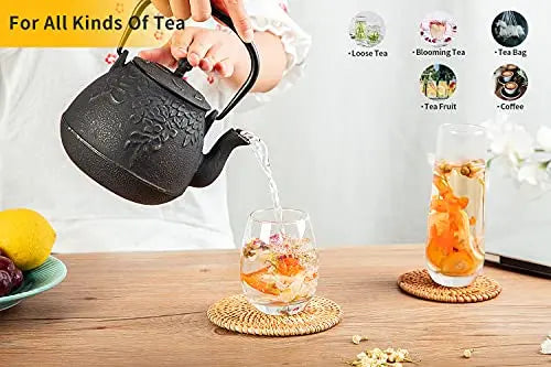 TOPTIER Japanese Cast Iron Tea Kettle with Infuser, Coated with Enameled Interior, 32 Oz - White toptier