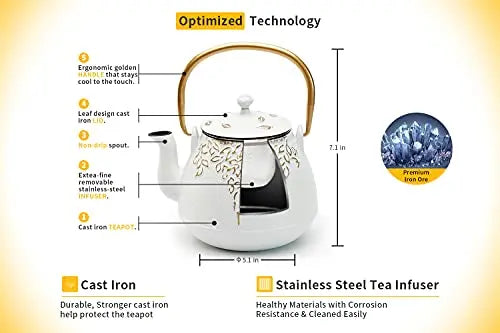 TOPTIER Japanese Cast Iron Tea Kettle with Infuser, Coated with Enameled Interior, 32 Oz - White toptier