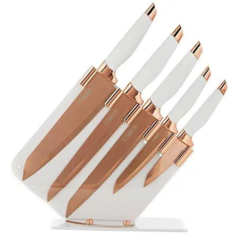 TOWER Damascus Effect Kitchen Knife 5-Piece Set with Stainless Steel Blades and Acrylic Stand - Rose Gold/White TOWER