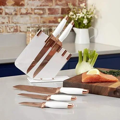 TOWER Damascus Effect Kitchen Knife 5-Piece Set with Stainless Steel Blades and Acrylic Stand - Rose Gold/White TOWER