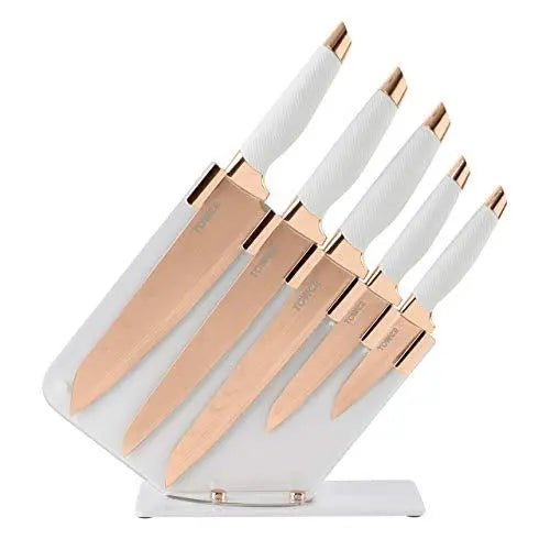 TOWER Damascus Effect Kitchen Knife 5-Piece Set with Stainless Steel Blades and Acrylic Stand - Rose Gold/White TOWER