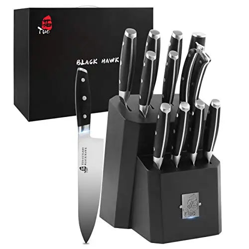 TUO 12-Piece Kitchen Knives Set with Wooden Block - Premium Forged German Stainless Steel TUO