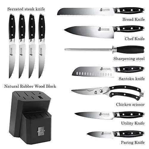 TUO 12-Piece Kitchen Knives Set with Wooden Block - Premium Forged German Stainless Steel TUO