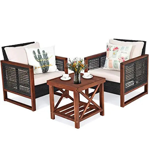 Tangkula 3-Piece Outdoor Patio Wicker Rattan Furniture Set with Washable Cushion & Acacia Wood Coffee Table - Beige Tangkula