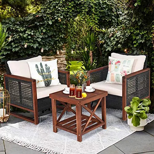 Tangkula 3-Piece Outdoor Patio Wicker Rattan Furniture Set with Washable Cushion & Acacia Wood Coffee Table - Beige Tangkula