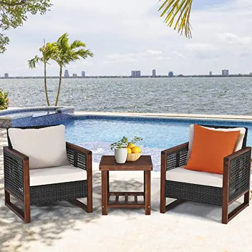 Tangkula 3-Piece Outdoor Patio Wicker Rattan Furniture Set with Washable Cushion & Acacia Wood Coffee Table - Beige Tangkula