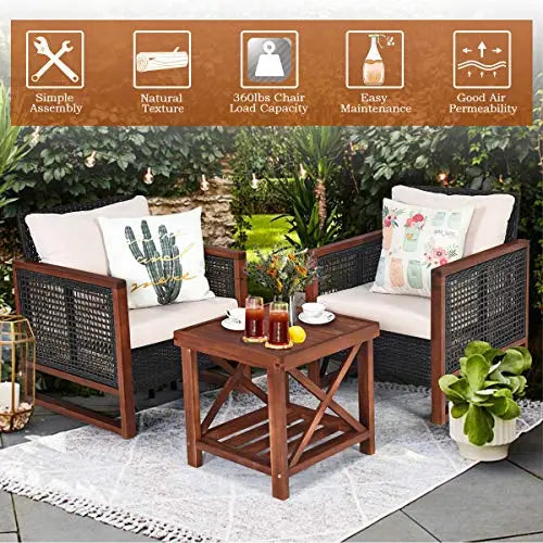 Tangkula 3-Piece Outdoor Patio Wicker Rattan Furniture Set with Washable Cushion & Acacia Wood Coffee Table - Beige Tangkula