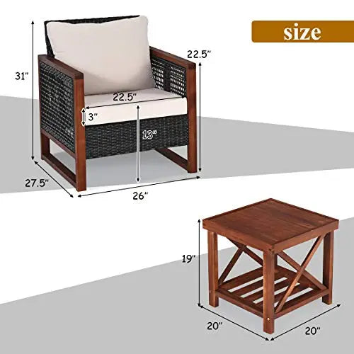 Tangkula 3-Piece Outdoor Patio Wicker Rattan Furniture Set with Washable Cushion & Acacia Wood Coffee Table - Beige Tangkula