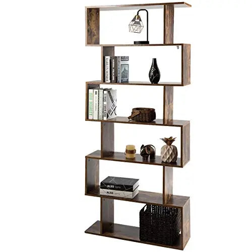 Tangkula 6 Shelf Bookcase | Modern S-Shaped Style Bookshelf - Coffee Tangkula