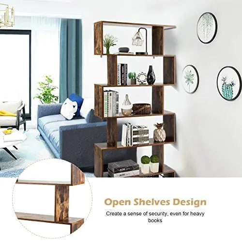 Tangkula 6 Shelf Bookcase | Modern S-Shaped Style Bookshelf - Coffee Tangkula